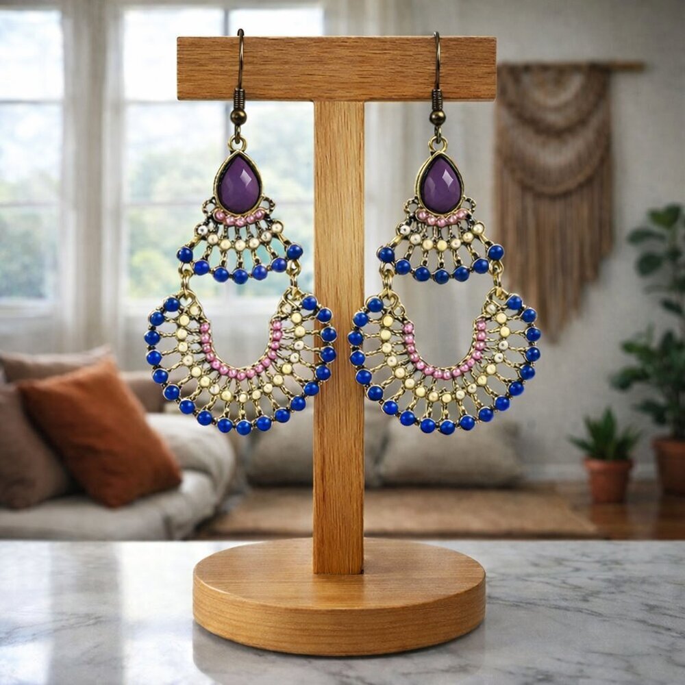 Boho Chic Colorful Beaded Chandelier Statement Earrings | Antique Gold Finish